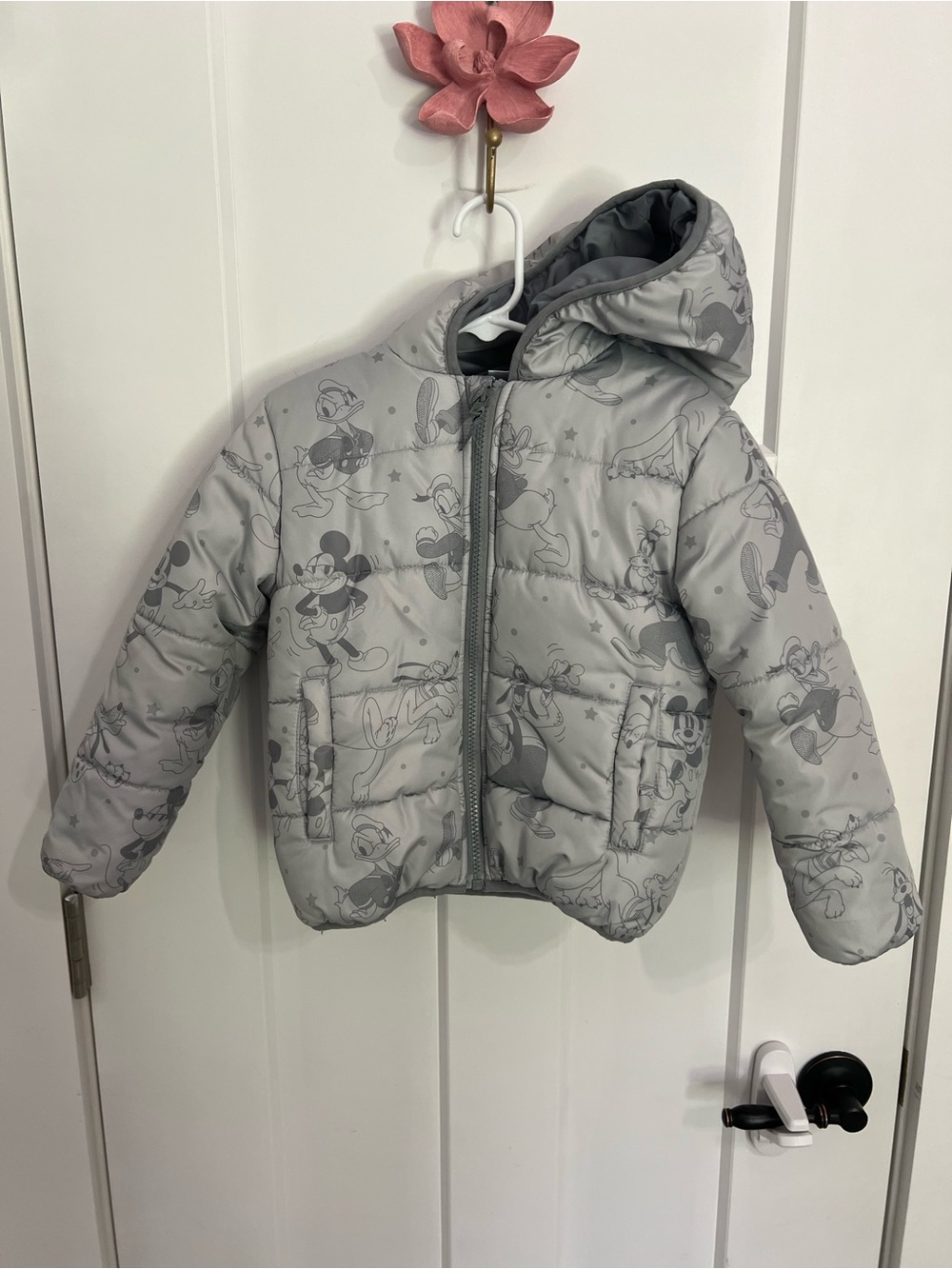Disney Light Gray Hooded Puffer Jacket with Mickey Character Print